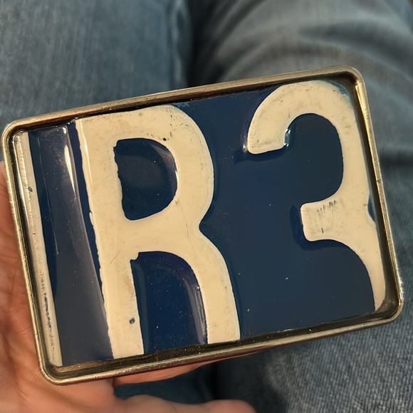 License plate belt buckle NEW artisan made blue white buckle R3 one of a kind